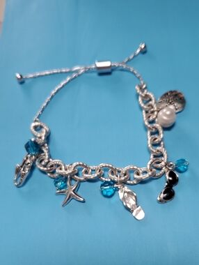 Silver-Tone Beach Charm Bracelet with Turquoise Beads